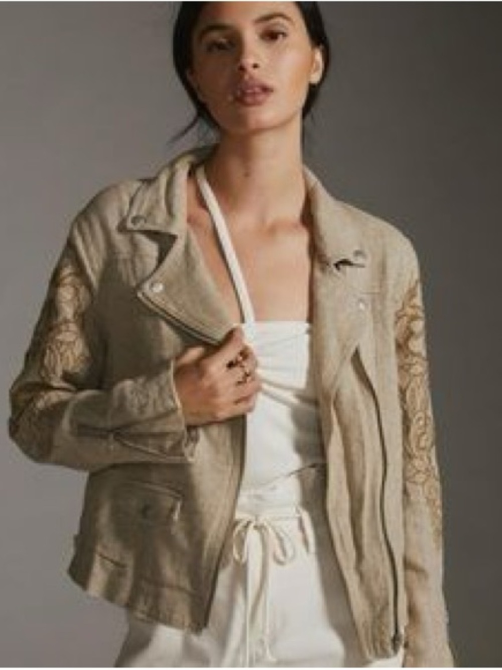 Anthropologie Embroidered Linen Moto Jacket
